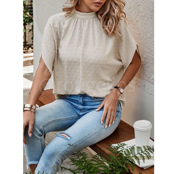 Swiss Dot Beige Blouse Top Flowy, High Neck, Ties - Picture 2 of 7